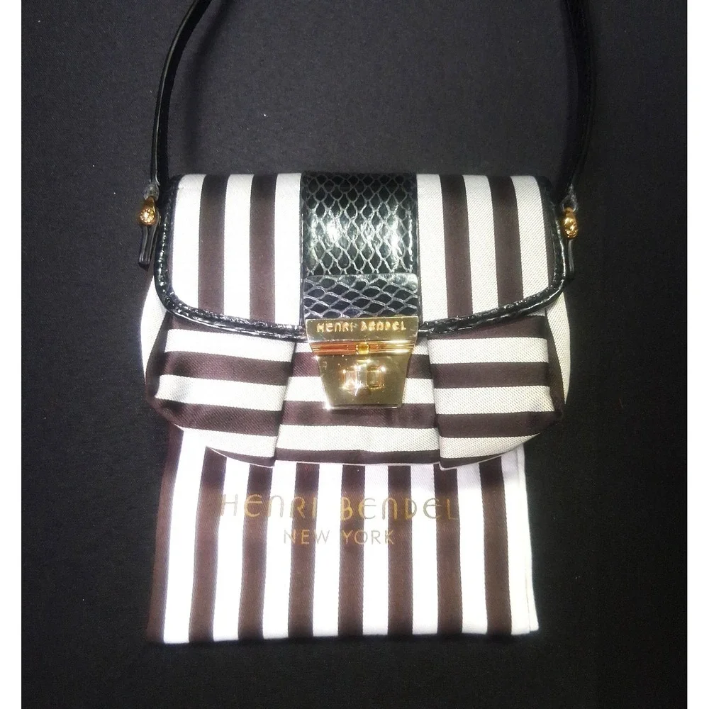 Henri Bendel Crossbody Bag Black and Gray Stripe Pink Lining Turn Lock Dust Bag - Picture 1 of 10